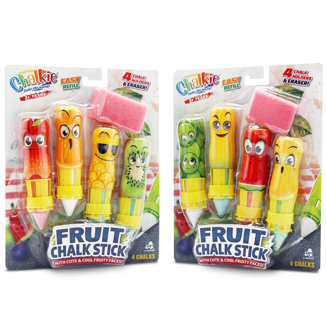 Lanard Chalkie: Twin Pack - Fruit Chalk Stick - 8 Cute Face Character Holders, 8 Washable Sticks & 2 Erasers, Indoor-Outdoor Art, Play, Kids Ages 3+